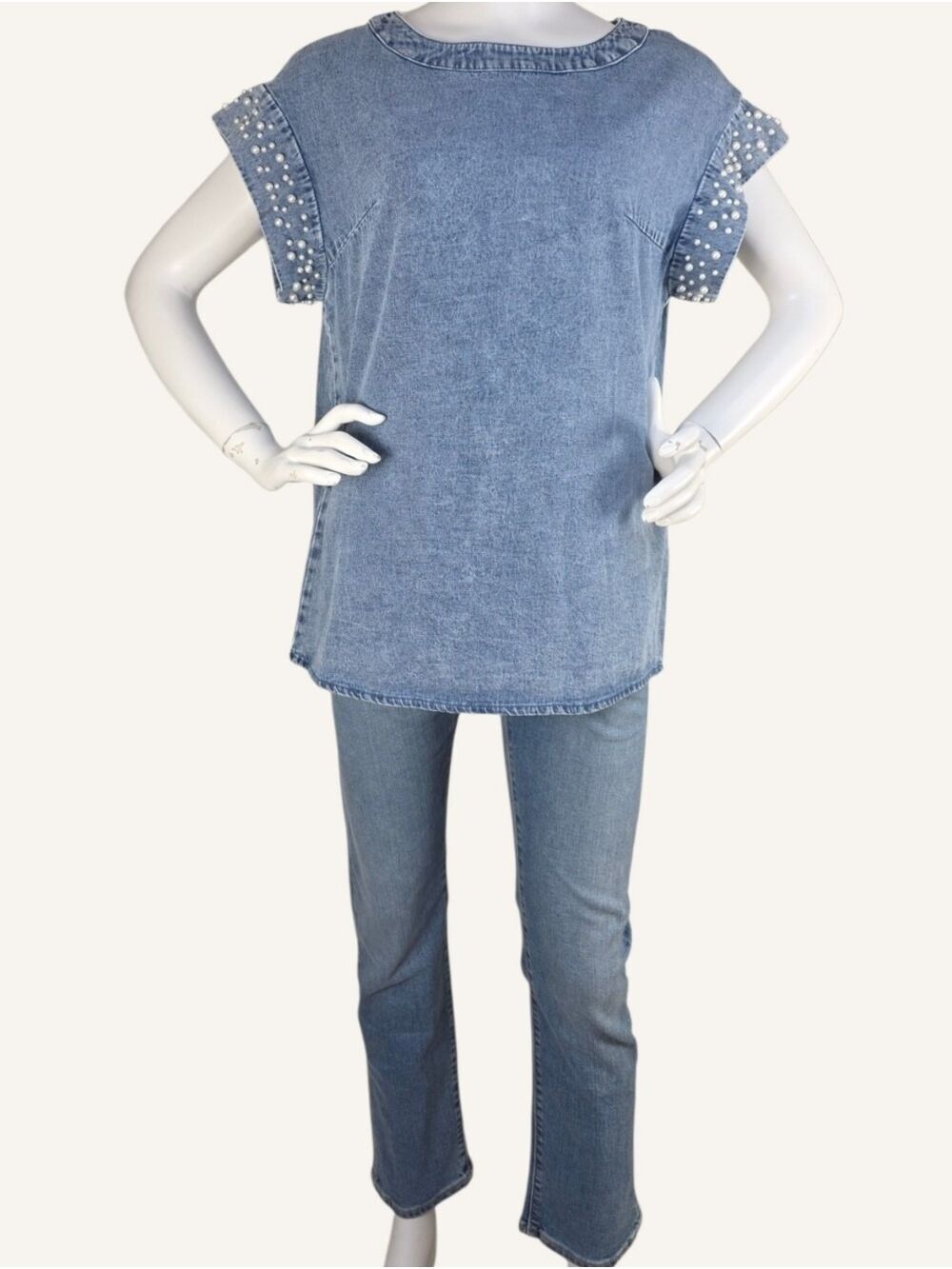 Pearl Studded Chambray Denim Top Blue 100% Cotton Size Small Boutique NWT